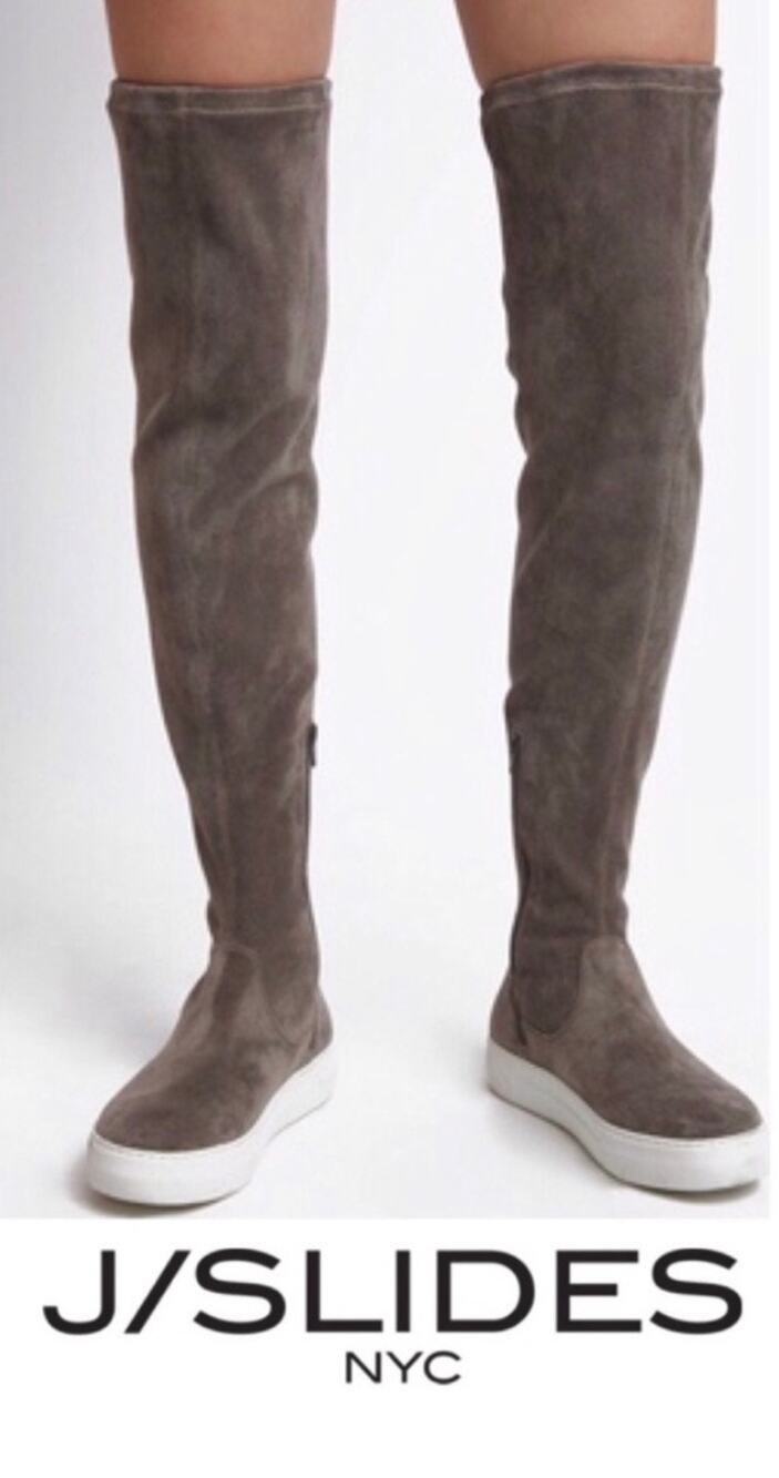 J Slides Petra Women's gray suede over knee sneaker boots sz. 7 drawstring.